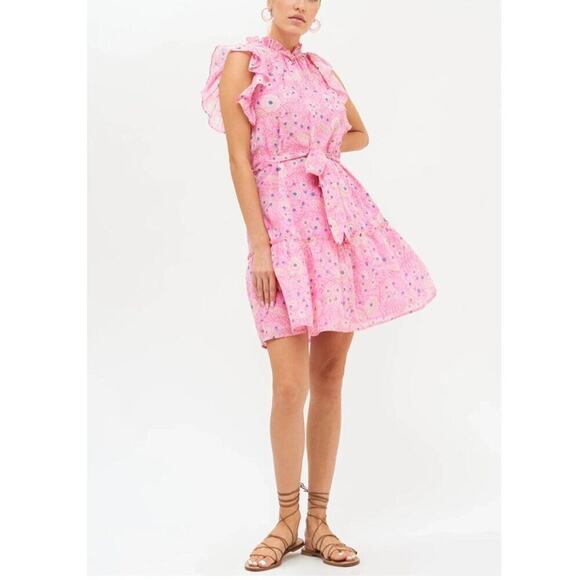 Oliphant Flirty Ruffle Hem Carolina Pink Cotton Block Print Dress Tuckernuck Med - Picture 2 of 16